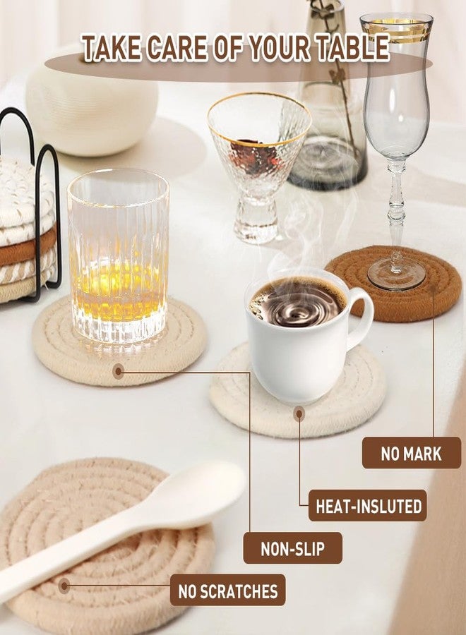 Meltset M Boho Coasters Set of 8 for Drinks,4 Colors Absorbent Desk Coasters with Metal Holder, Cotton Woven Coaster, Farmhouse Cup Coaster Set for Home Decor,Table Protection, Housewarming Gift (4.3 Inch) - Image 4
